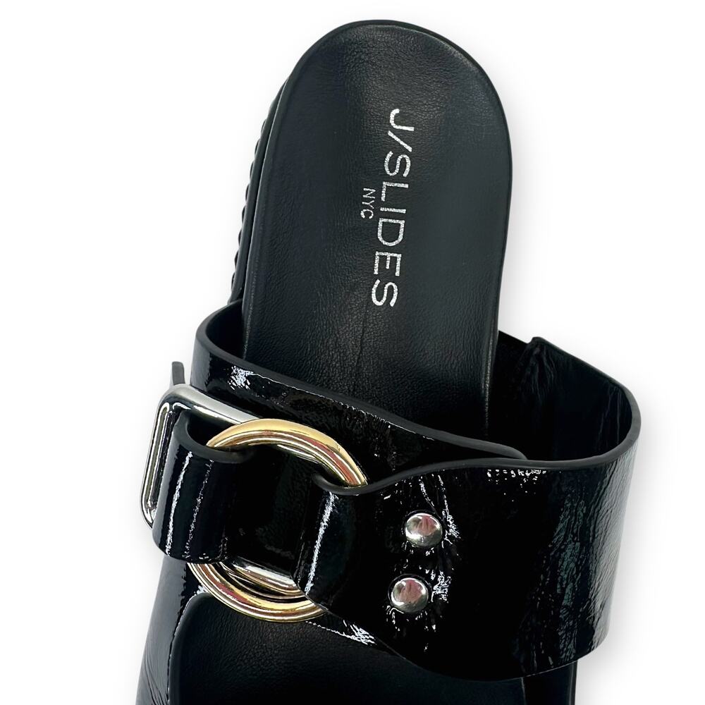 J Slides Baha Leather Double Buckle Slide Sandals US 7.5 Black Patent Platform - Picture 5 of 13